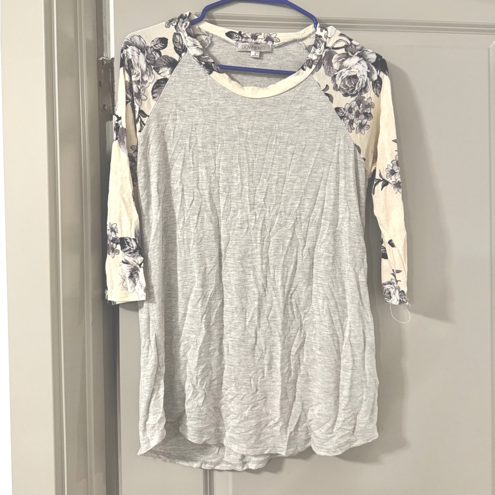 DownEast Gray Top with Floral Sleeves